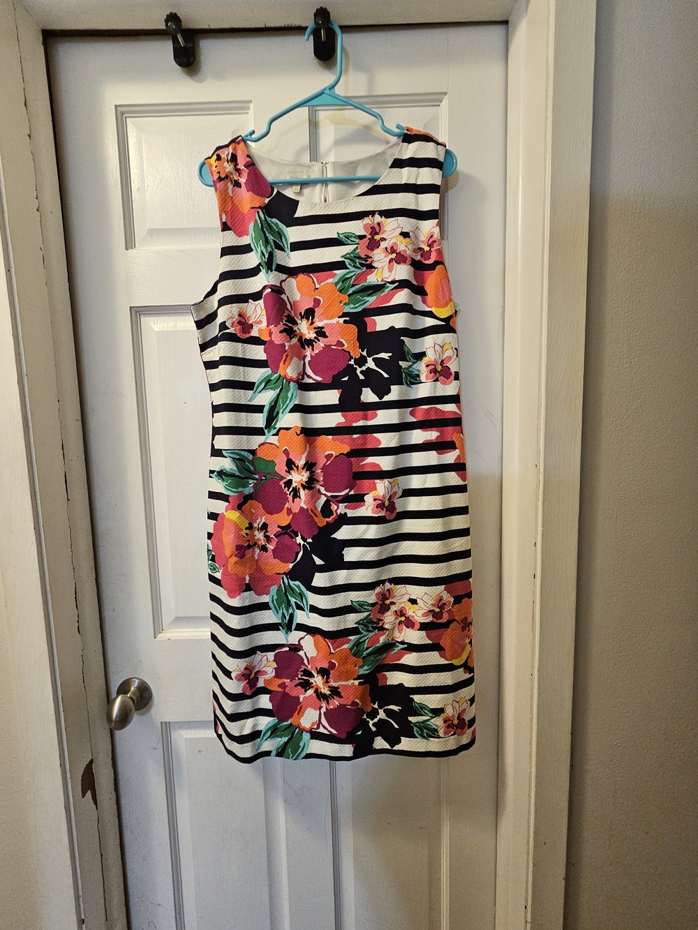 Talbots Black and White Striped Midi Dress with Pink and Orange Floral Print